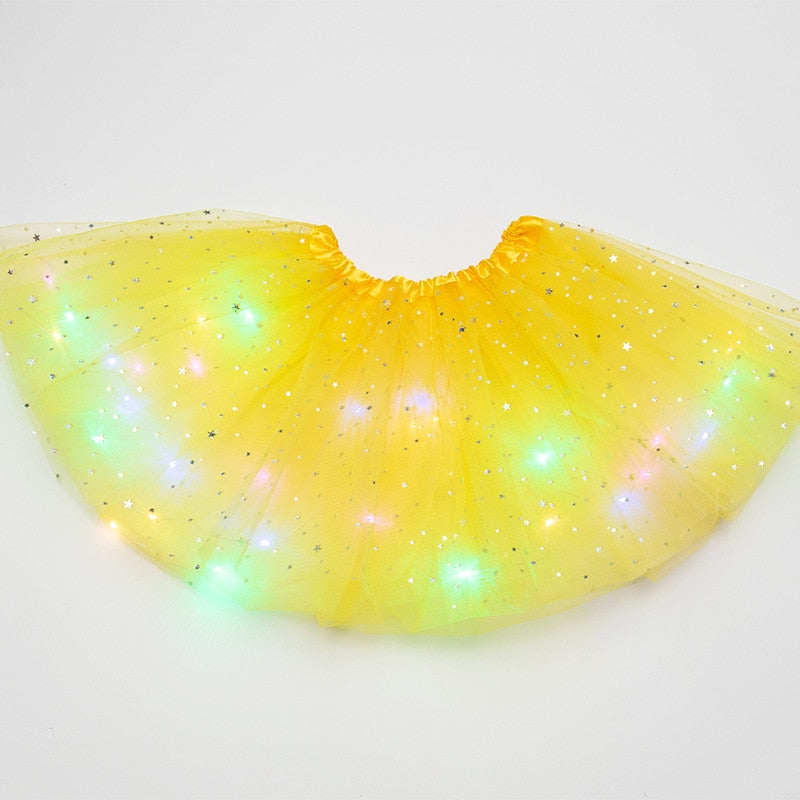 Falda de tutú de princesa con luz LED brillante para niños, ropa de tela para niños, fiesta de boda, baile, minifalda, disfraz, cosplay