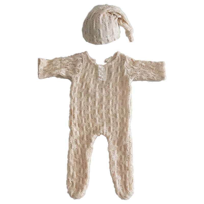 2Pcs Newborn Photography Props Suit Romper + Hat Set Long Sleeve Jumpsuits Bodysuit Handmade Knit Outfit Clothing Infants Shower