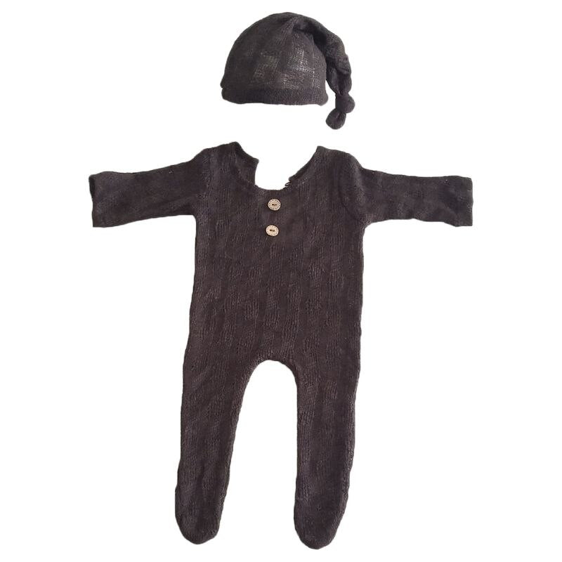 2Pcs Newborn Photography Props Suit Romper + Hat Set Long Sleeve Jumpsuits Bodysuit Handmade Knit Outfit Clothing Infants Shower