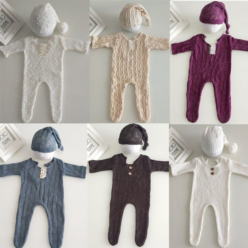 2Pcs Newborn Photography Props Suit Romper + Hat Set Long Sleeve Jumpsuits Bodysuit Handmade Knit Outfit Clothing Infants Shower