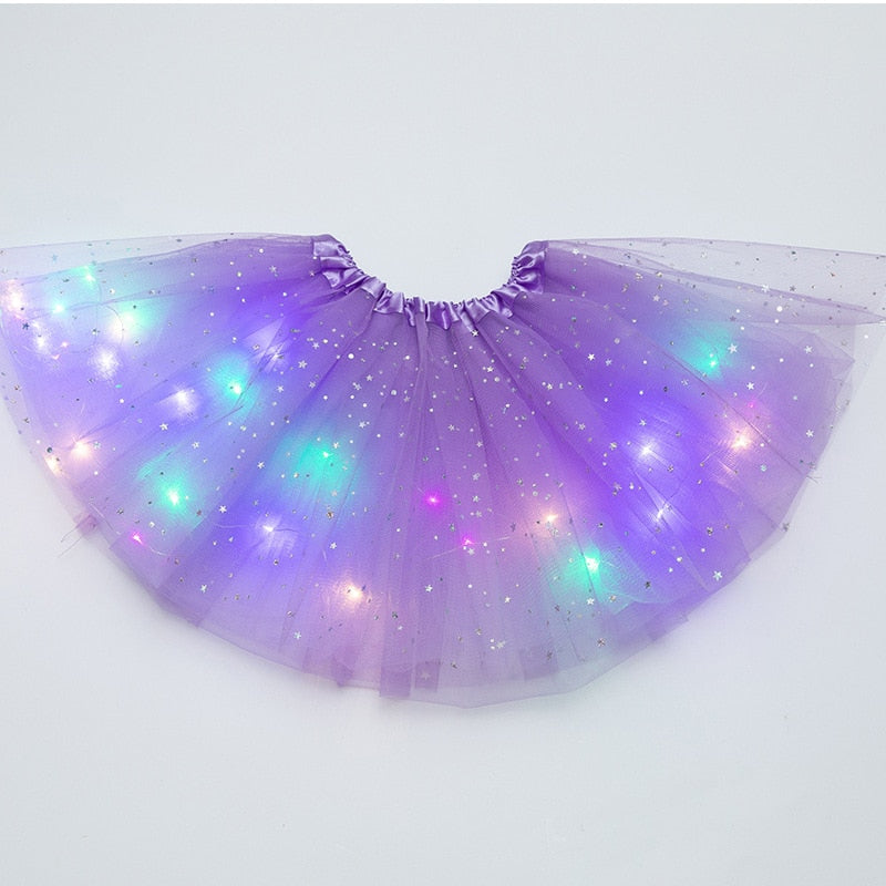 Falda de tutú de princesa con luz LED brillante para niños, ropa de tela para niños, fiesta de boda, baile, minifalda, disfraz, cosplay