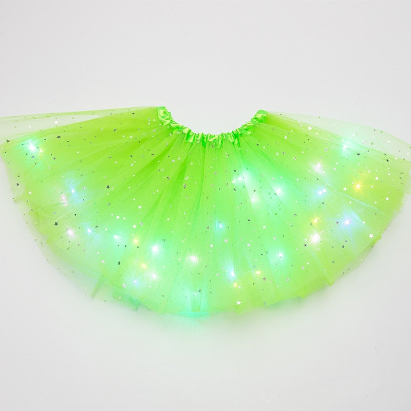 Falda de tutú de princesa con luz LED brillante para niños, ropa de tela para niños, fiesta de boda, baile, minifalda, disfraz, cosplay