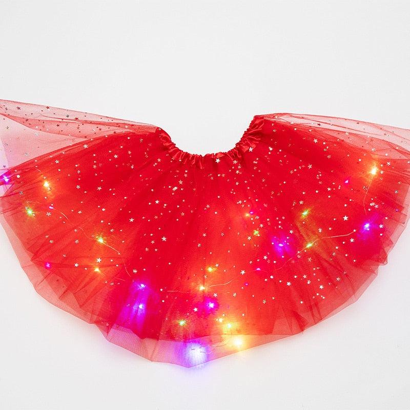 Falda de tutú de princesa con luz LED brillante para niños, ropa de tela para niños, fiesta de boda, baile, minifalda, disfraz, cosplay