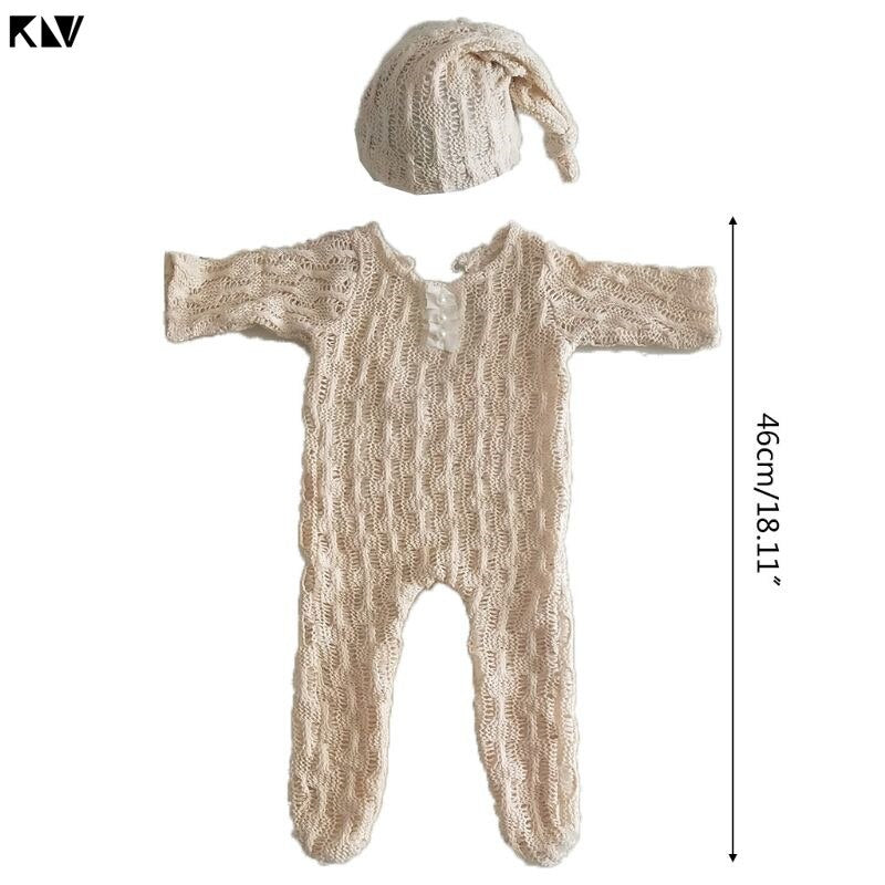 2Pcs Newborn Photography Props Suit Romper + Hat Set Long Sleeve Jumpsuits Bodysuit Handmade Knit Outfit Clothing Infants Shower