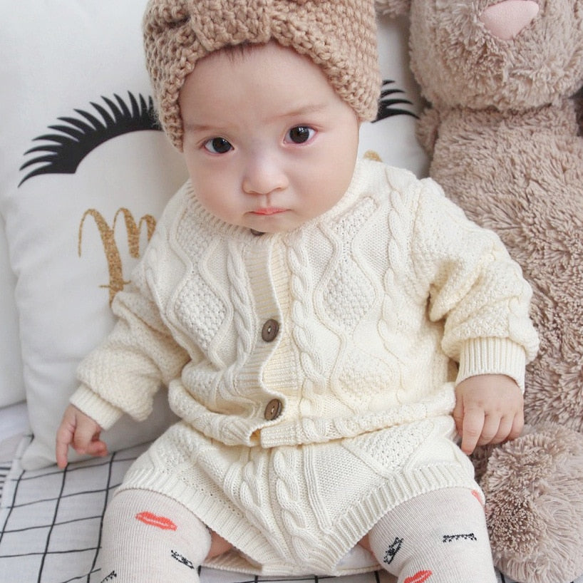 Sodawn Autumn Winter New Children Clothing Boys Girls Baby Knit Sweater Cardigan + Shorts Suit Baby Clothes Suit