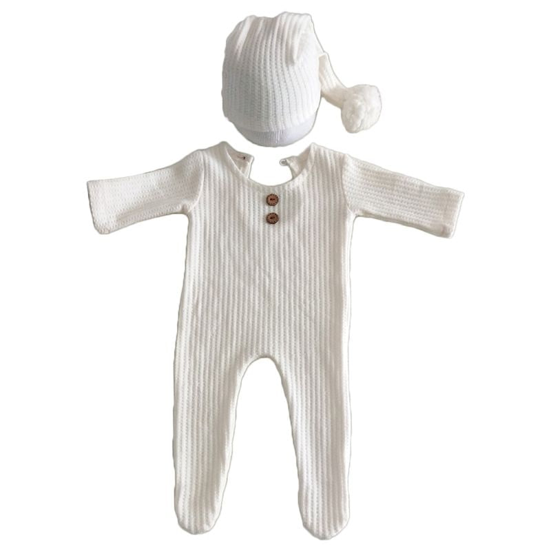 2Pcs Newborn Photography Props Suit Romper + Hat Set Long Sleeve Jumpsuits Bodysuit Handmade Knit Outfit Clothing Infants Shower