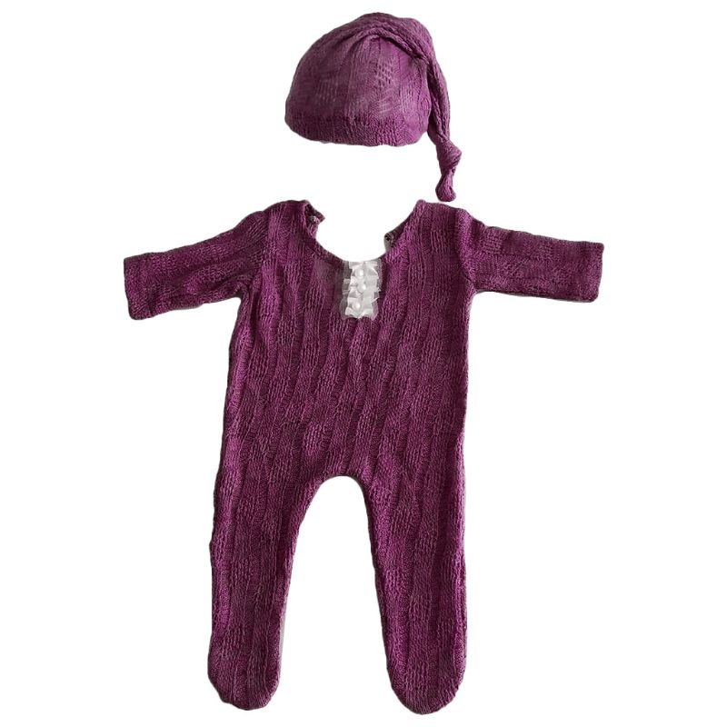 2Pcs Newborn Photography Props Suit Romper + Hat Set Long Sleeve Jumpsuits Bodysuit Handmade Knit Outfit Clothing Infants Shower