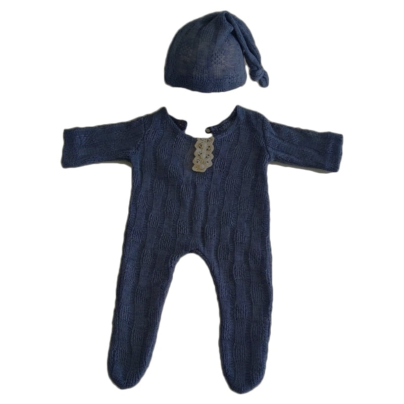 2Pcs Newborn Photography Props Suit Romper + Hat Set Long Sleeve Jumpsuits Bodysuit Handmade Knit Outfit Clothing Infants Shower