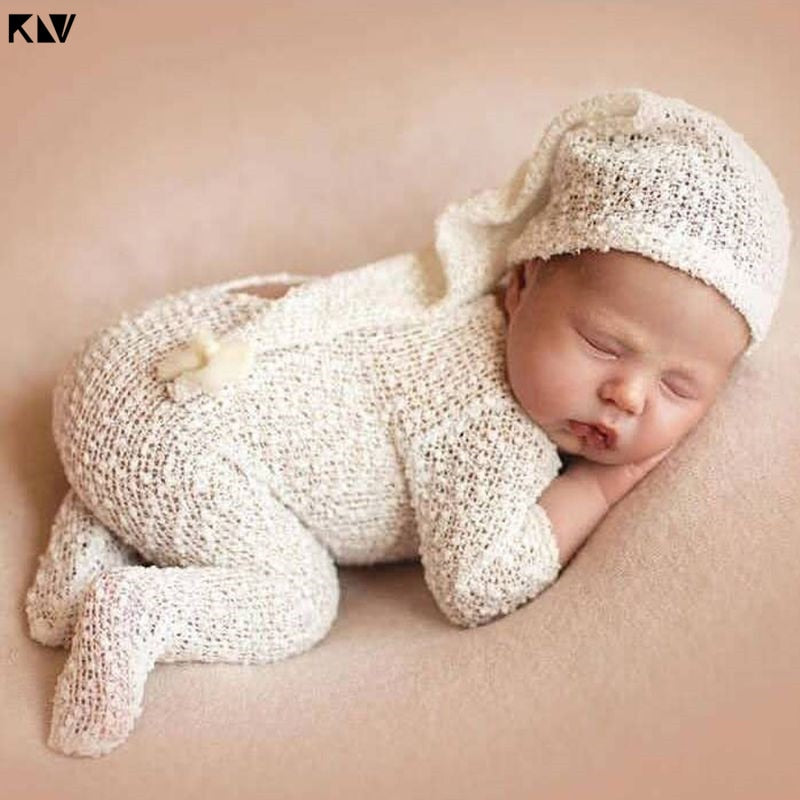 2Pcs Newborn Photography Props Suit Romper + Hat Set Long Sleeve Jumpsuits Bodysuit Handmade Knit Outfit Clothing Infants Shower