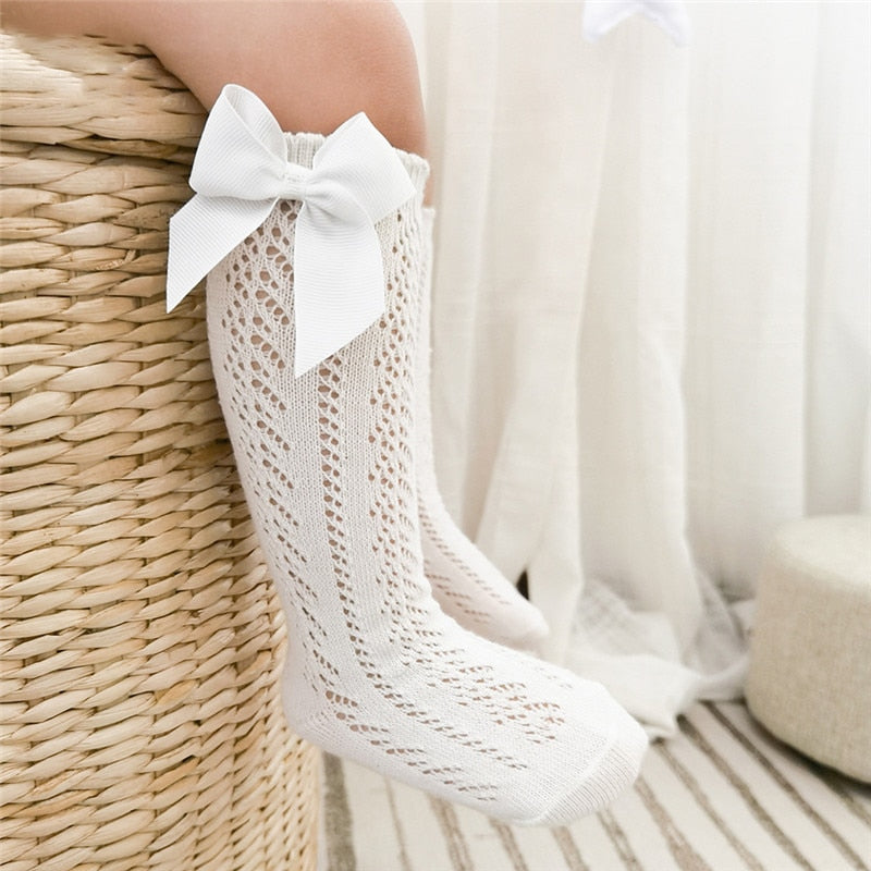 Summer Kids Knee High Socks Baby Girls Boys Bow Long Sock Soft Cotton Mesh Breathable Children Hollow Out Socken For 0-7 Years