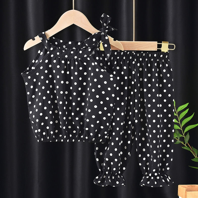 2PCS Baby Girls Clothing Sets Summer Sleeveless Polka Dot Kids Girls Clothes Chiffon Shirts+Pants Outfits Children Casual Suits
