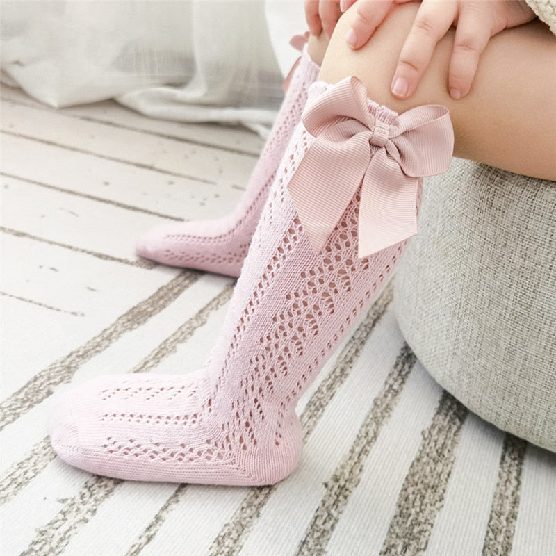 Summer Kids Knee High Socks Baby Girls Boys Bow Long Sock Soft Cotton Mesh Breathable Children Hollow Out Socken For 0-7 Years