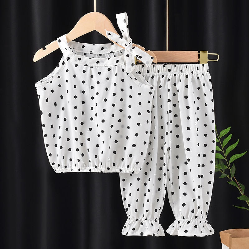 2PCS Baby Girls Clothing Sets Summer Sleeveless Polka Dot Kids Girls Clothes Chiffon Shirts+Pants Outfits Children Casual Suits