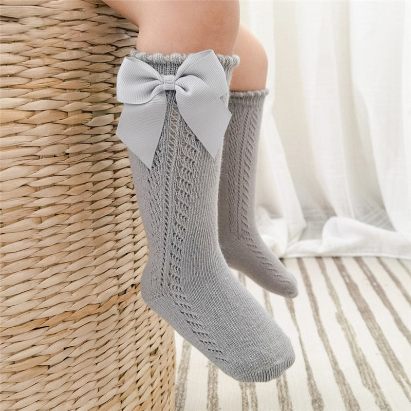 Summer Kids Knee High Socks Baby Girls Boys Bow Long Sock Soft Cotton Mesh Breathable Children Hollow Out Socken For 0-7 Years
