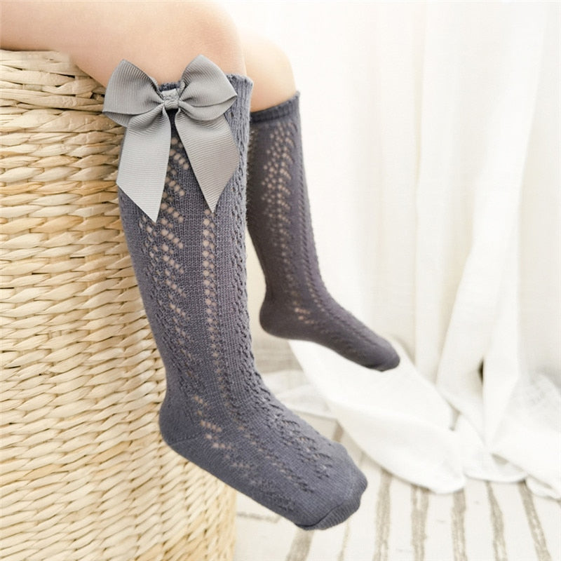 Summer Kids Knee High Socks Baby Girls Boys Bow Long Sock Soft Cotton Mesh Breathable Children Hollow Out Socken For 0-7 Years