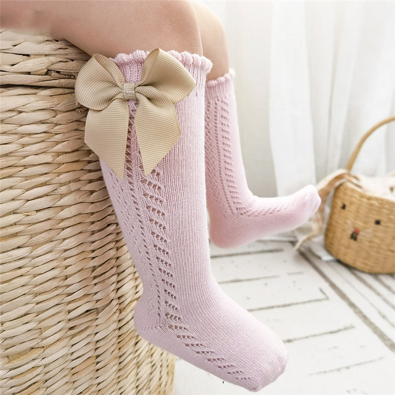 Summer Kids Knee High Socks Baby Girls Boys Bow Long Sock Soft Cotton Mesh Breathable Children Hollow Out Socken For 0-7 Years