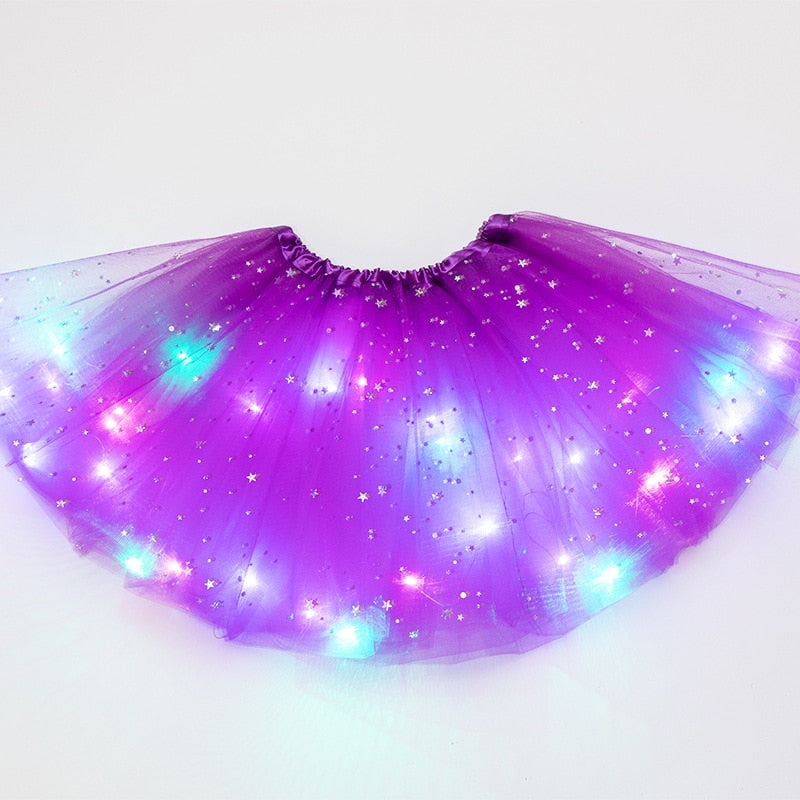 Falda de tutú de princesa con luz LED brillante para niños, ropa de tela para niños, fiesta de boda, baile, minifalda, disfraz, cosplay