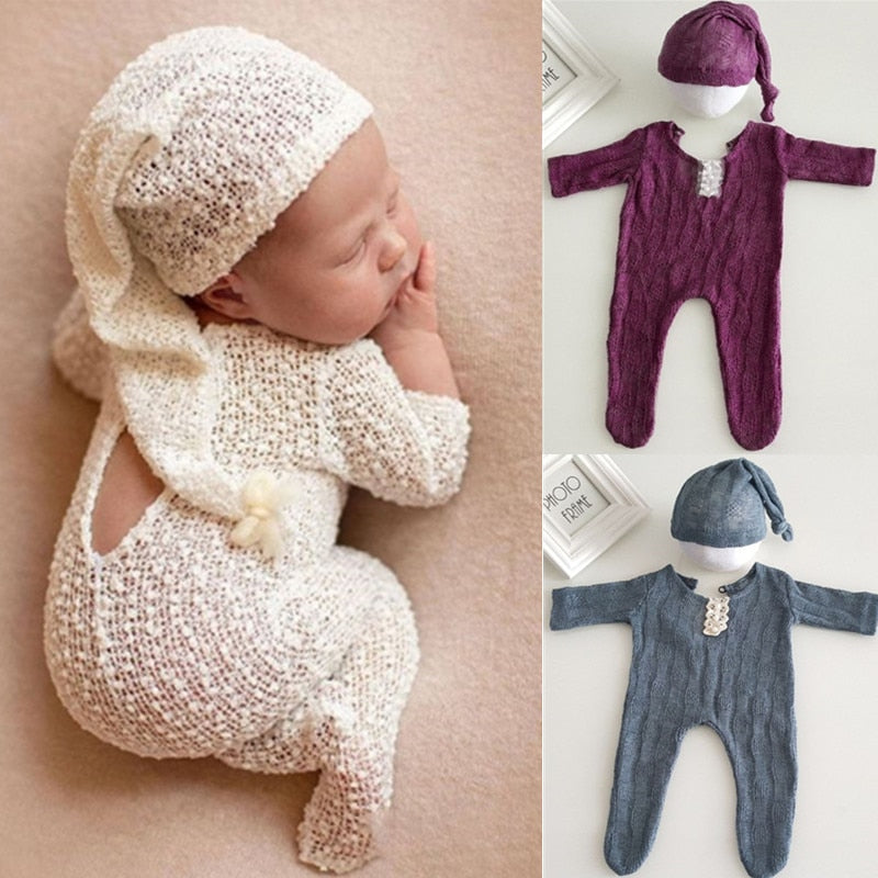 2Pcs Newborn Photography Props Suit Romper + Hat Set Long Sleeve Jumpsuits Bodysuit Handmade Knit Outfit Clothing Infants Shower