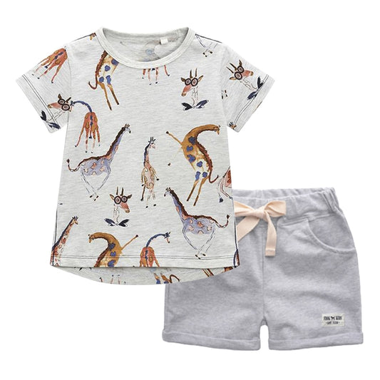 BINIDUCKLING Summer Boys Kids Clothing Sets Cartoon Giraffe Child T-shirt+Shorts Cotton Outifts Toddler Boys Clothes Set 2T-7T