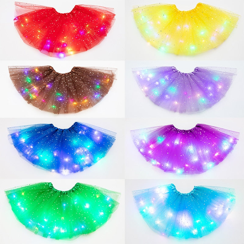 Falda de tutú de princesa con luz LED brillante para niños, ropa de tela para niños, fiesta de boda, baile, minifalda, disfraz, cosplay