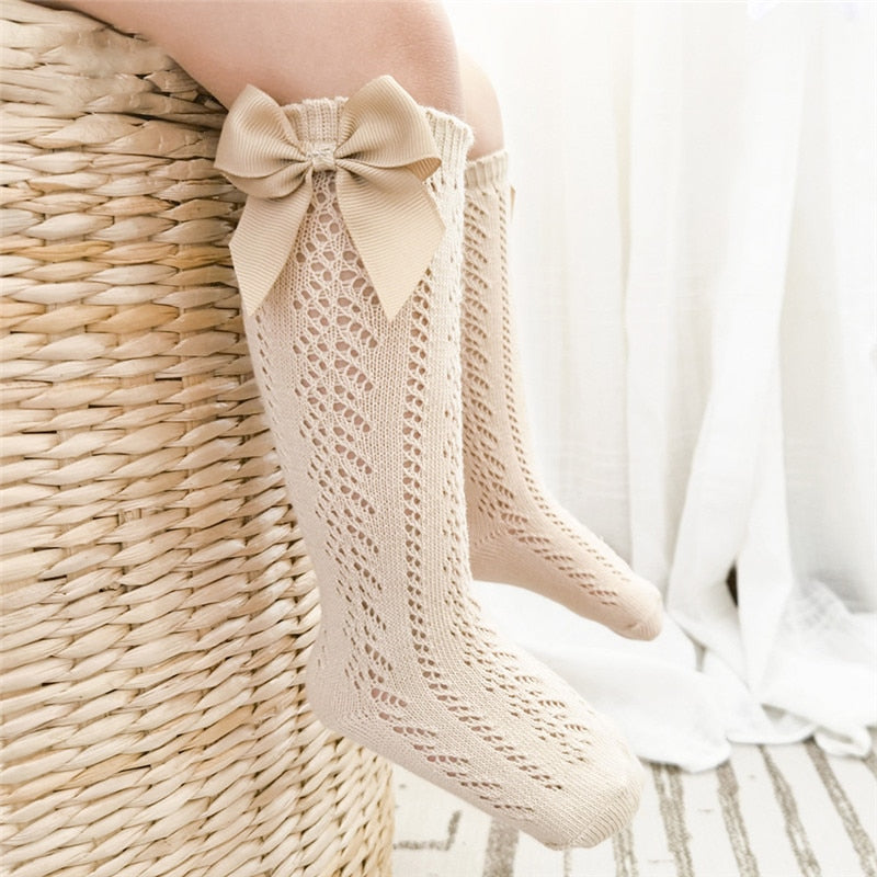 Summer Kids Knee High Socks Baby Girls Boys Bow Long Sock Soft Cotton Mesh Breathable Children Hollow Out Socken For 0-7 Years